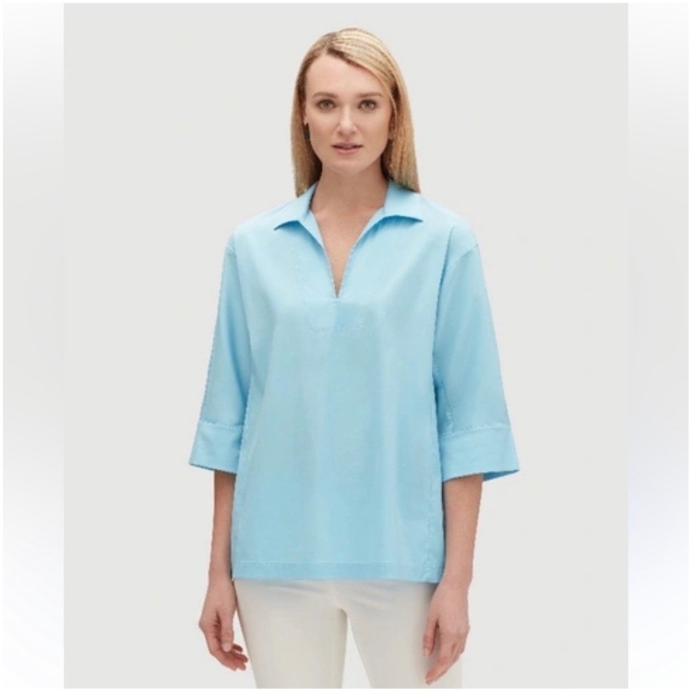 Lafayette 148 New York Light Blue Split V-Neck Popover Blouse Top Large Relaxed